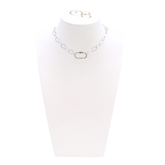 Front view of the Silver Avery Kate Necklace With Piper Carabiner on CB Bust