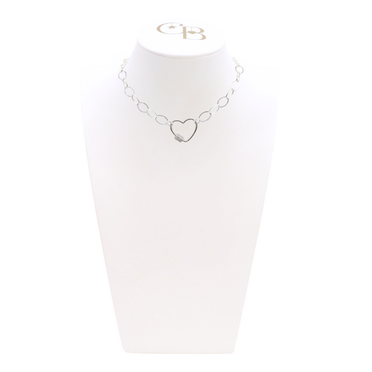 Front view of the Silver Avery Kate Necklace With Heart Gabi Carabiner on CB Bust
