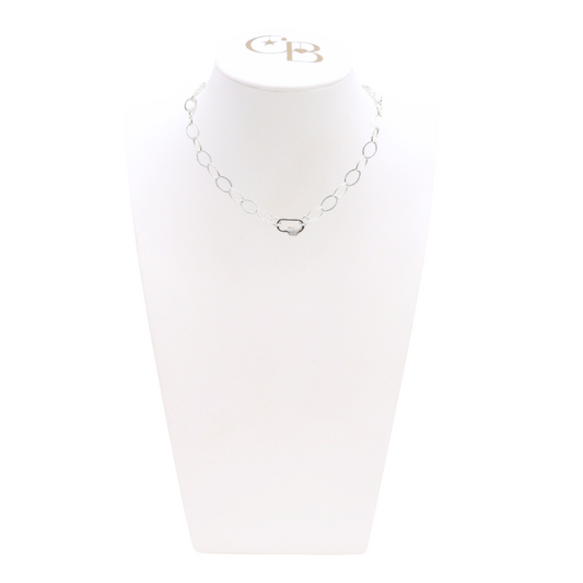 Front view of the Silver Avery Kate Necklace With Small Gabi Carabiner on CB Bust