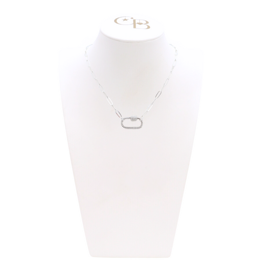 Front view of the Silver Ashley Necklace with Bella Carabiner on CB Bust