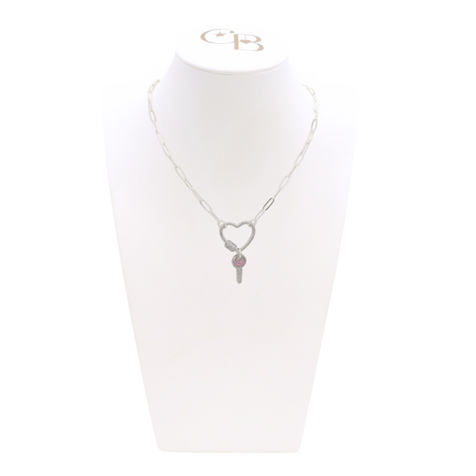 Front of the Silver Ashley Necklace with Heart Gabi Carabiner on CB Bust