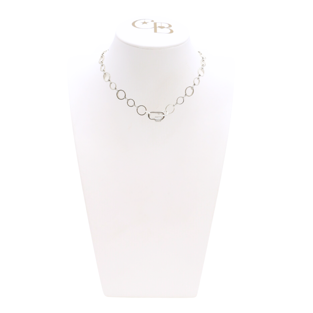 Front view of the Silver Emilia Necklace With Small Gabi Carabiner on CB Bust