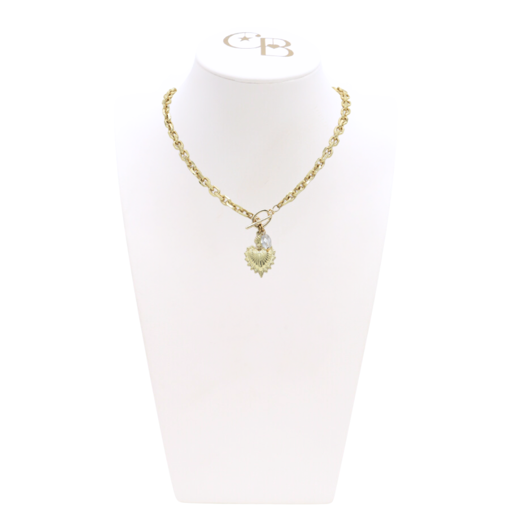 Front view of the Burning Heart Necklace on CB Bust