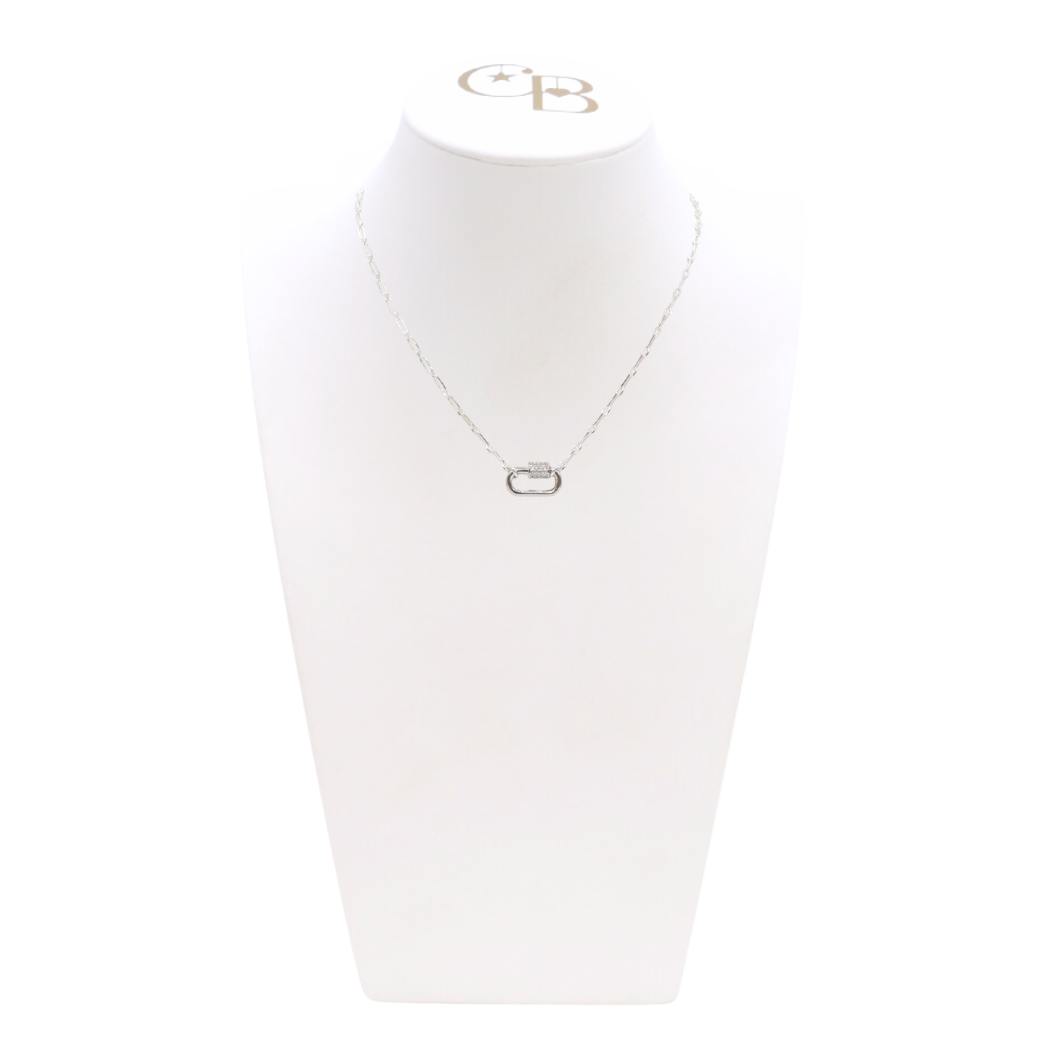 Front view of the Silver Madilyn Necklace with Small Gabi Carabiner on CB Bust