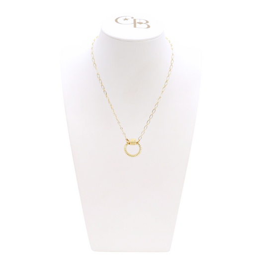 Front view of the Gold Christie Necklace with Round Bella Carabiner on CB Bust