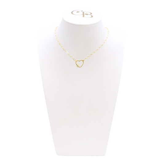 Front view of the Gold Christie Necklace with Heart Bella Carabiner on CB Bust
