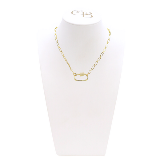 Front view of the Gold Paige Necklace with Bella Carabiner on CB Bust