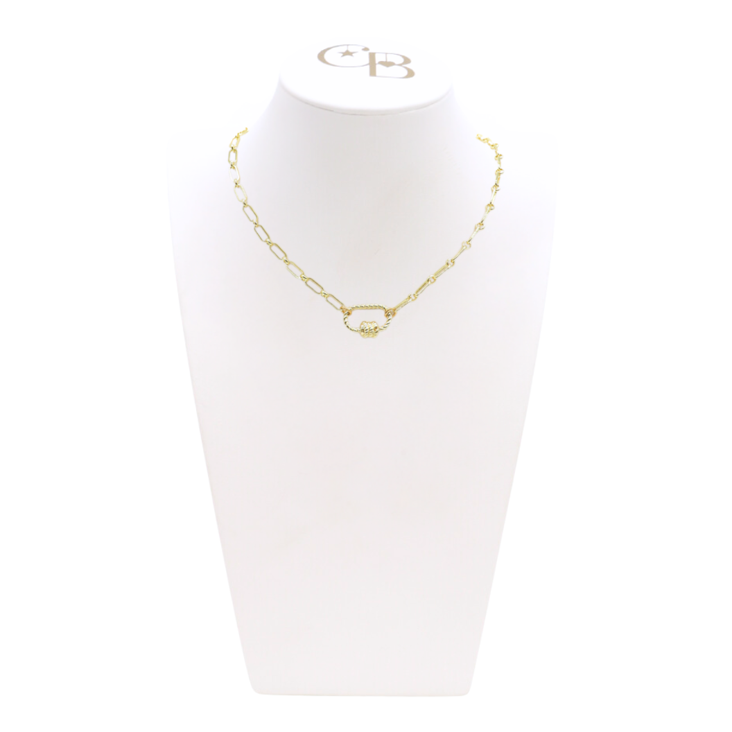Front view of the Gold Paige Necklace with Small Bella Carabiner on CB Bust