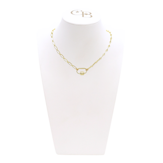 Front view of the Gold Paige Necklace with Small Bella Carabiner on CB Bust