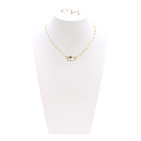 Front view of the Gold Paige Necklace with Assorted Color Cubic Zirconia Small Gabi Carabiner on CB Bust