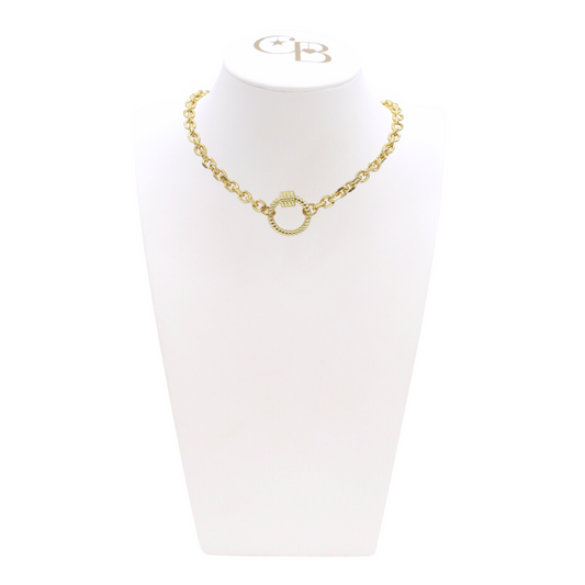 Front view of the Gold Jamesyn Necklace with Round Bella Carabiner on CB Bust