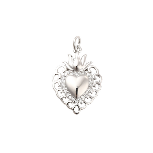 Silver Flaming Sacred Heart Charm