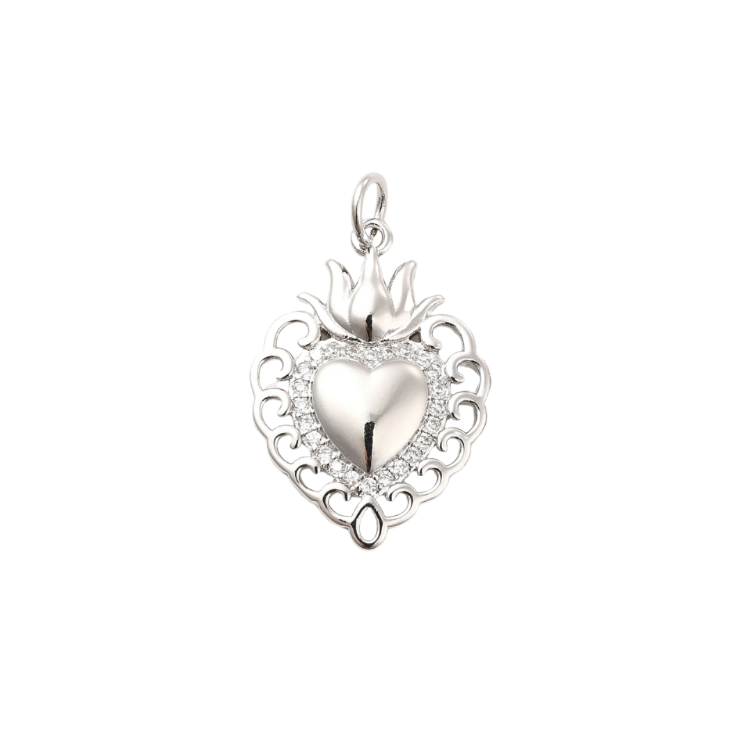 Silver Flaming Sacred Heart Charm