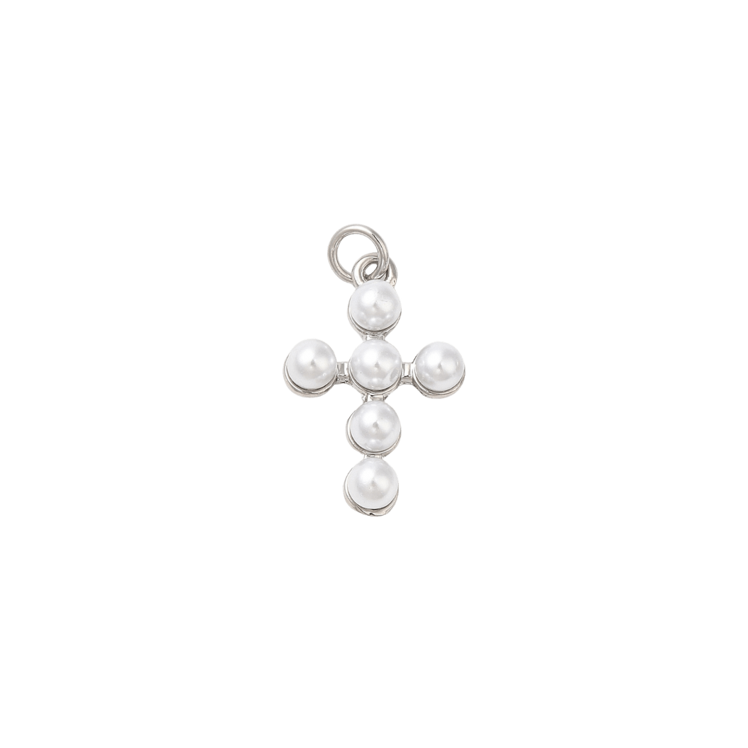 Silver Pearl Cross Charm