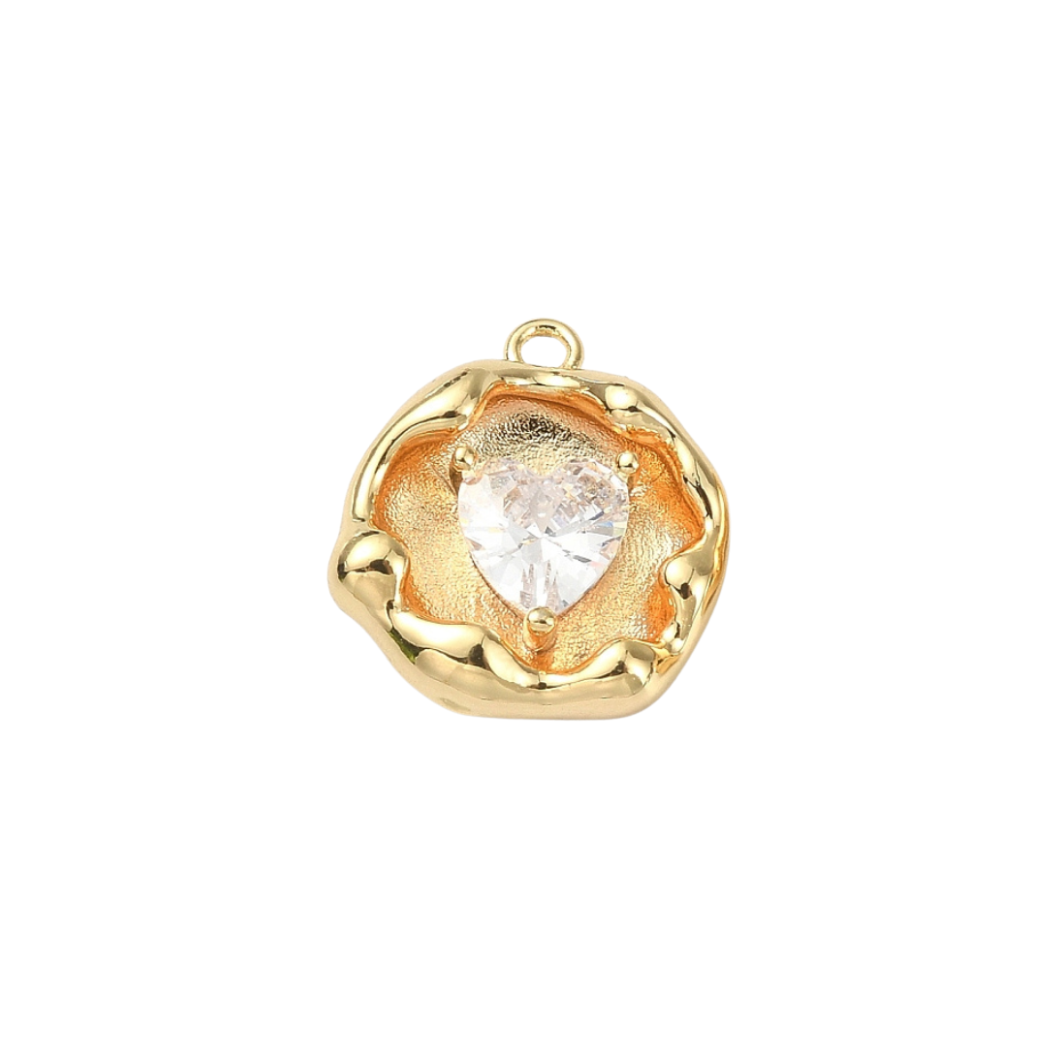 Cubic Zirconia Heart Embedded in Artistic Gold Disc Charm