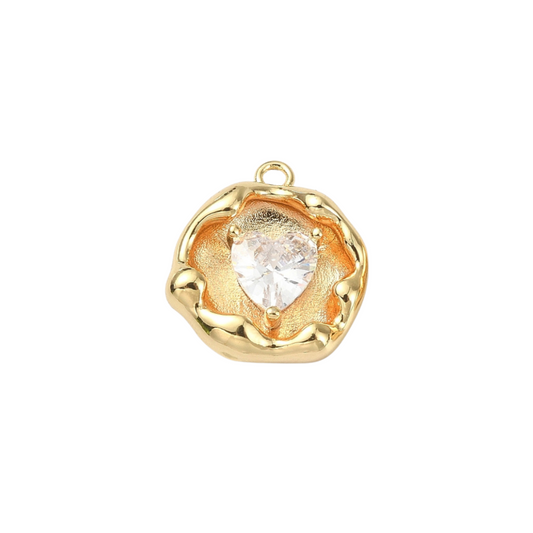 Cubic Zirconia Heart Embedded in Artistic Gold Disc Charm