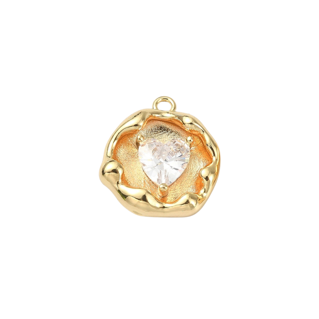 Cubic Zirconia Heart Embedded in Artistic Gold Disc Charm