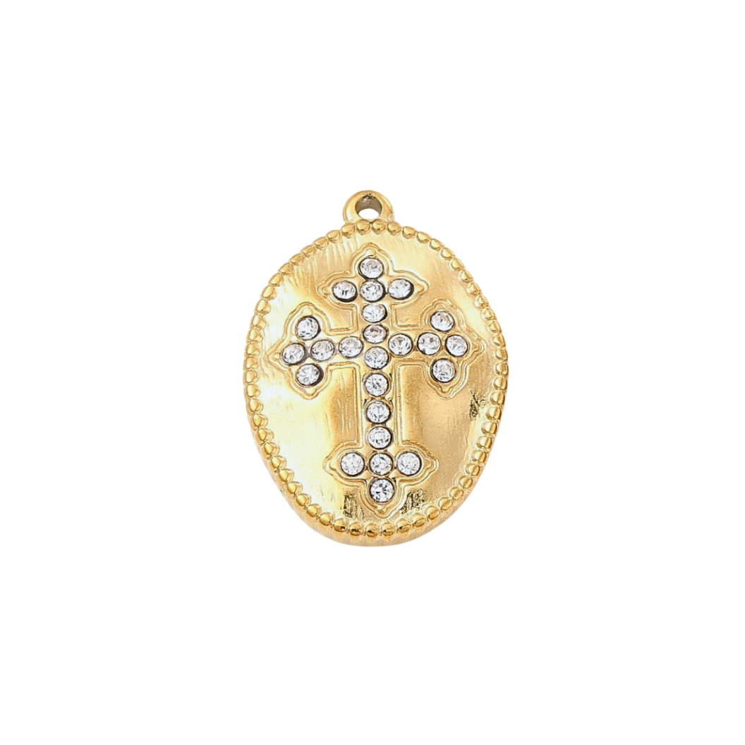 Gold Oval Ornate Cubic Zirconia Cross Charm