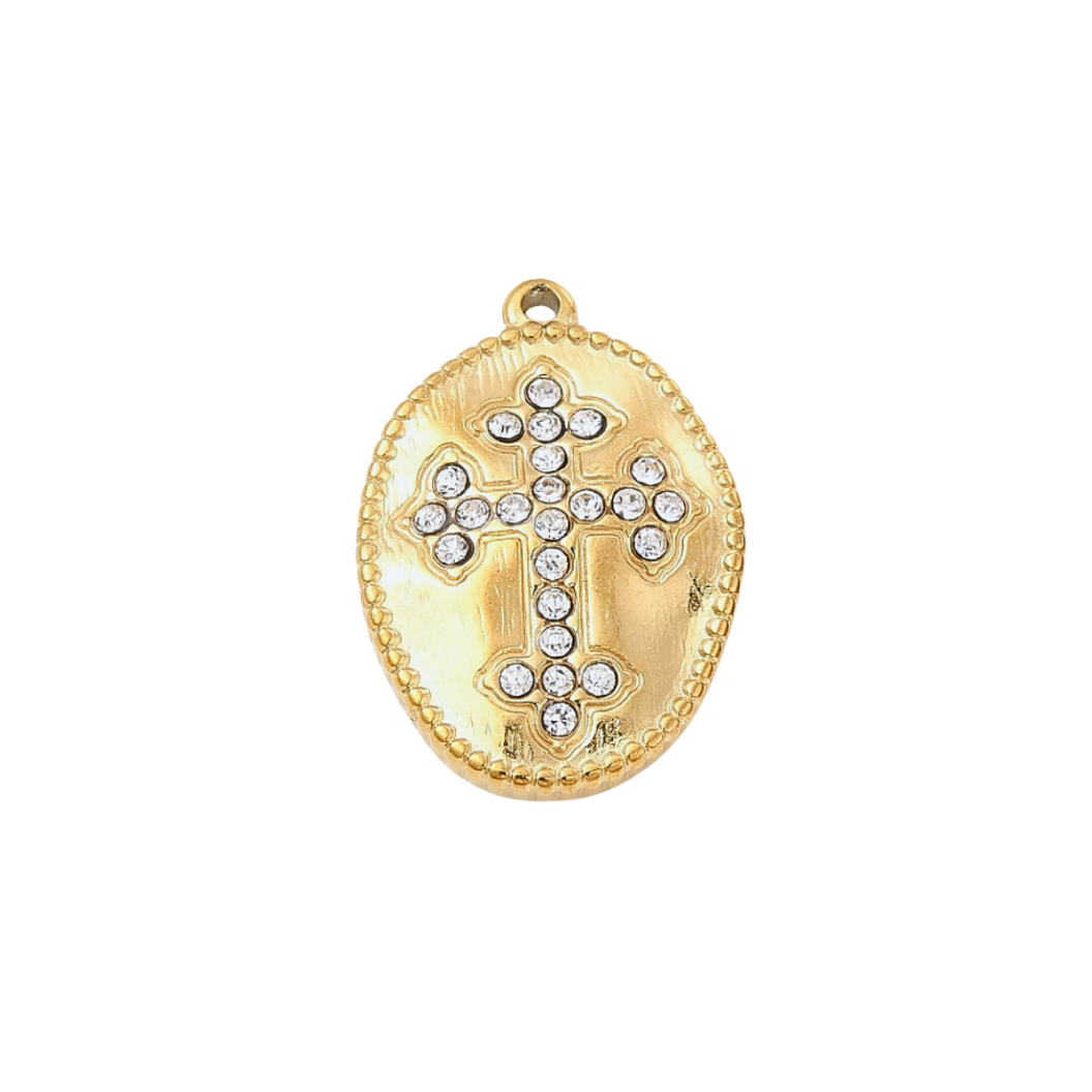 Gold Oval Ornate Cubic Zirconia Cross Charm