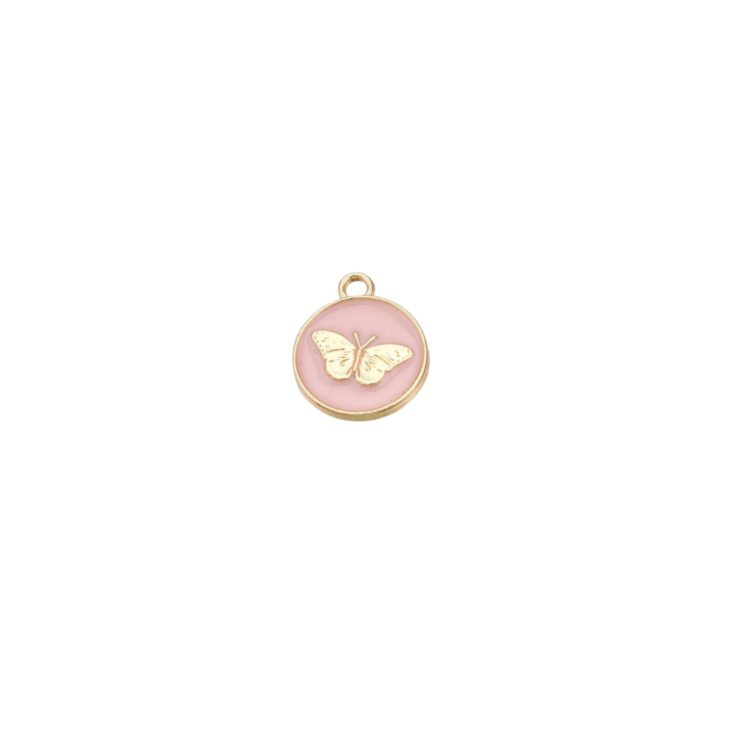 Gold Pink Butterfly Flat Disc Charm