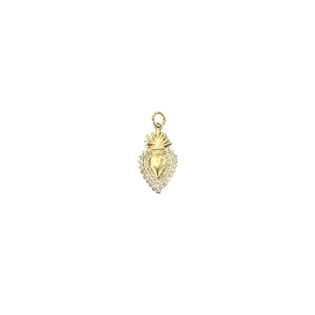 Gold Cubic Zirconia Flaming Holy Heart Charm