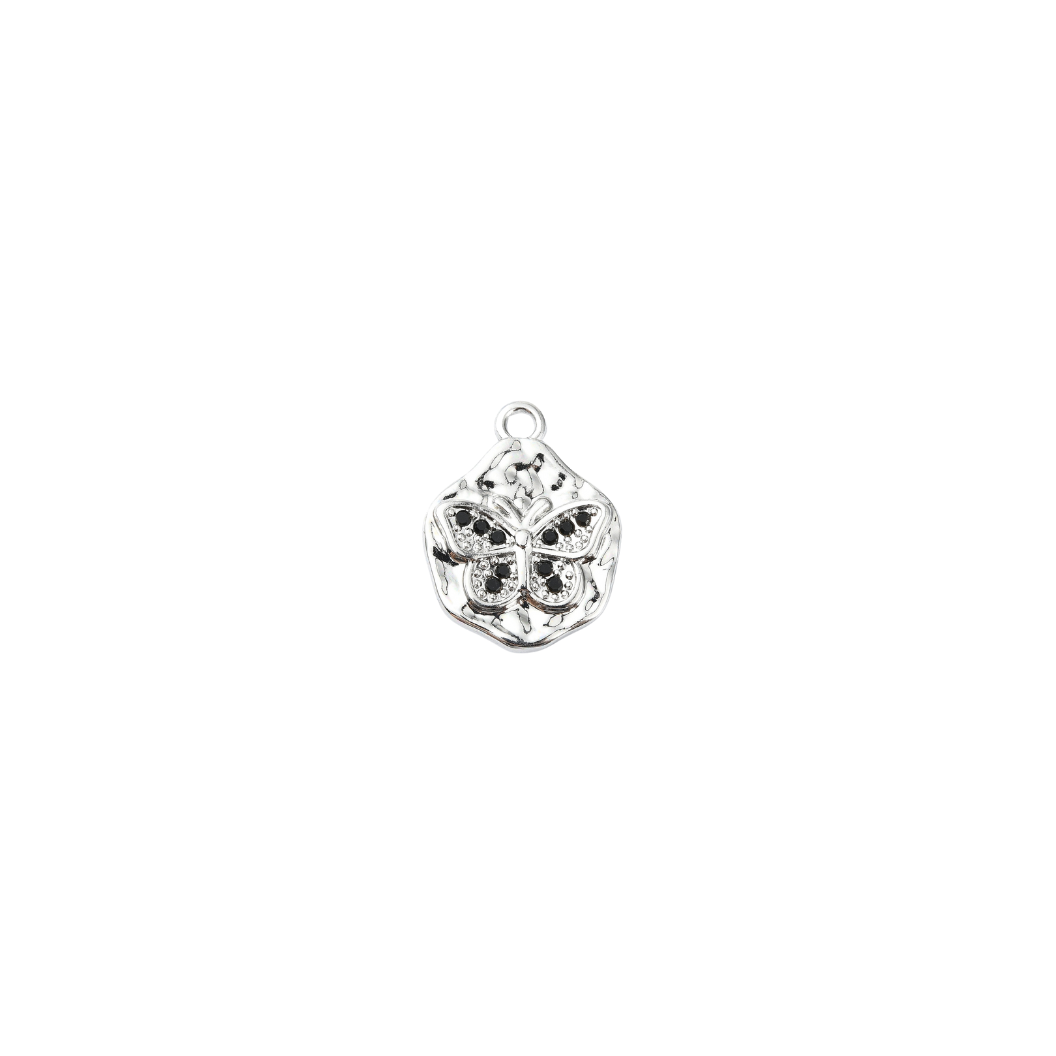 Silver Hammered Black Rhinestone Butterfly Charm