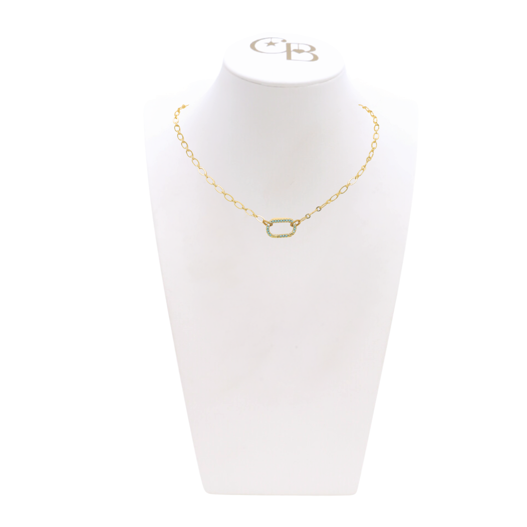 Front of the Gold Christie Necklace with Gold Turquoise Blair Carabiner on CB Bust
