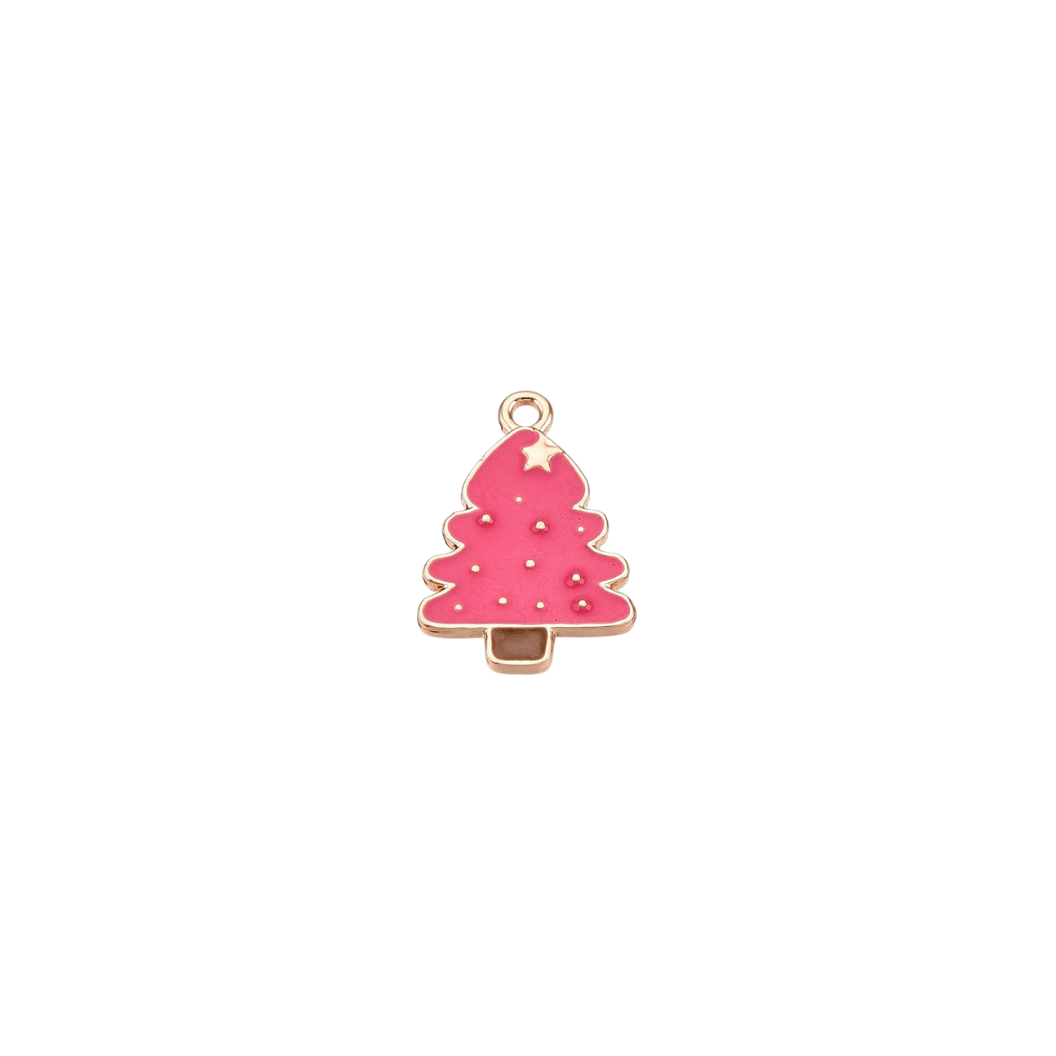 Pink Christmas tree charm with gold accents on a white background