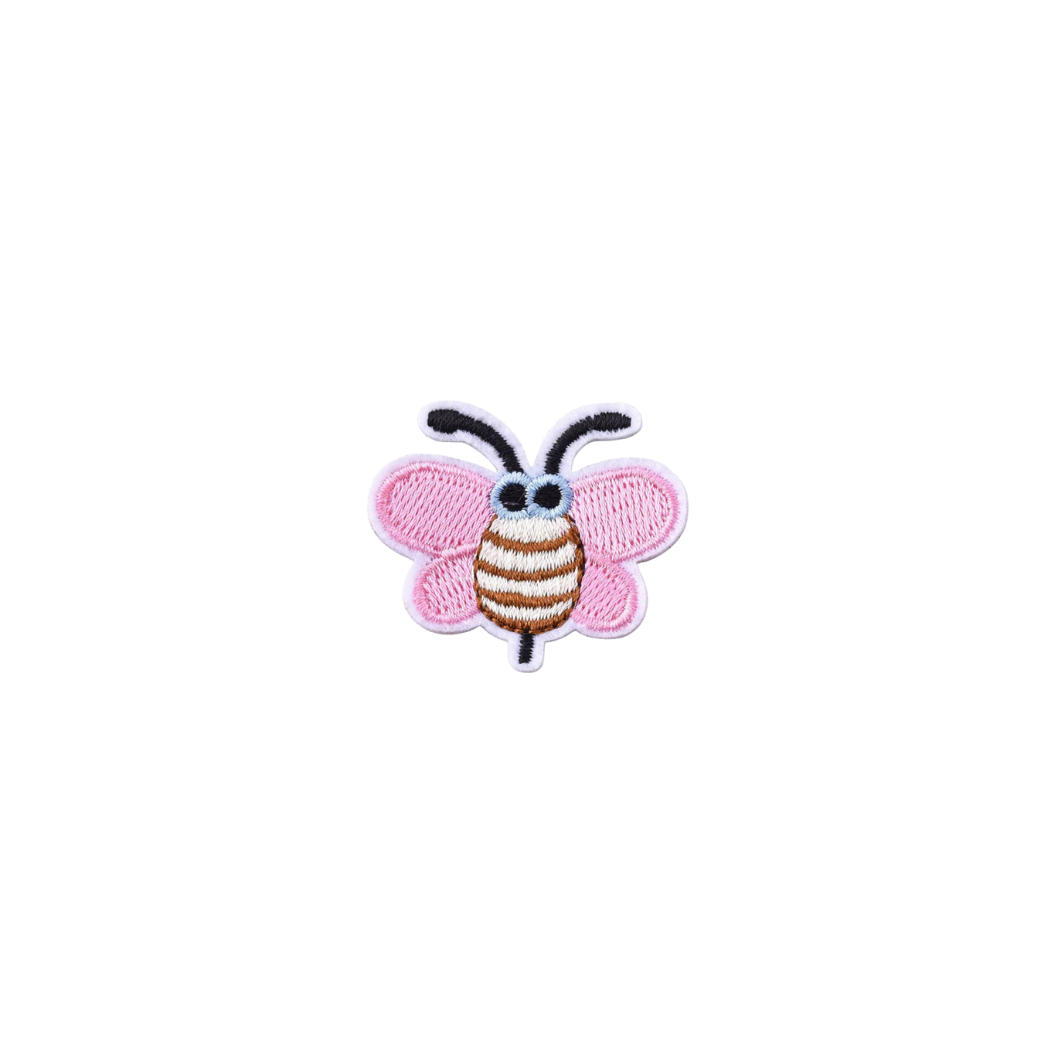 Patch of a pink butterfly with a brown body on a white background