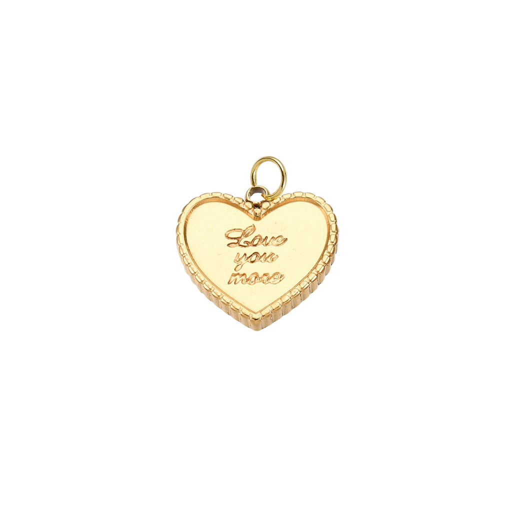 Gold heart-shaped pendant with 'Love you more' engraving on a white background