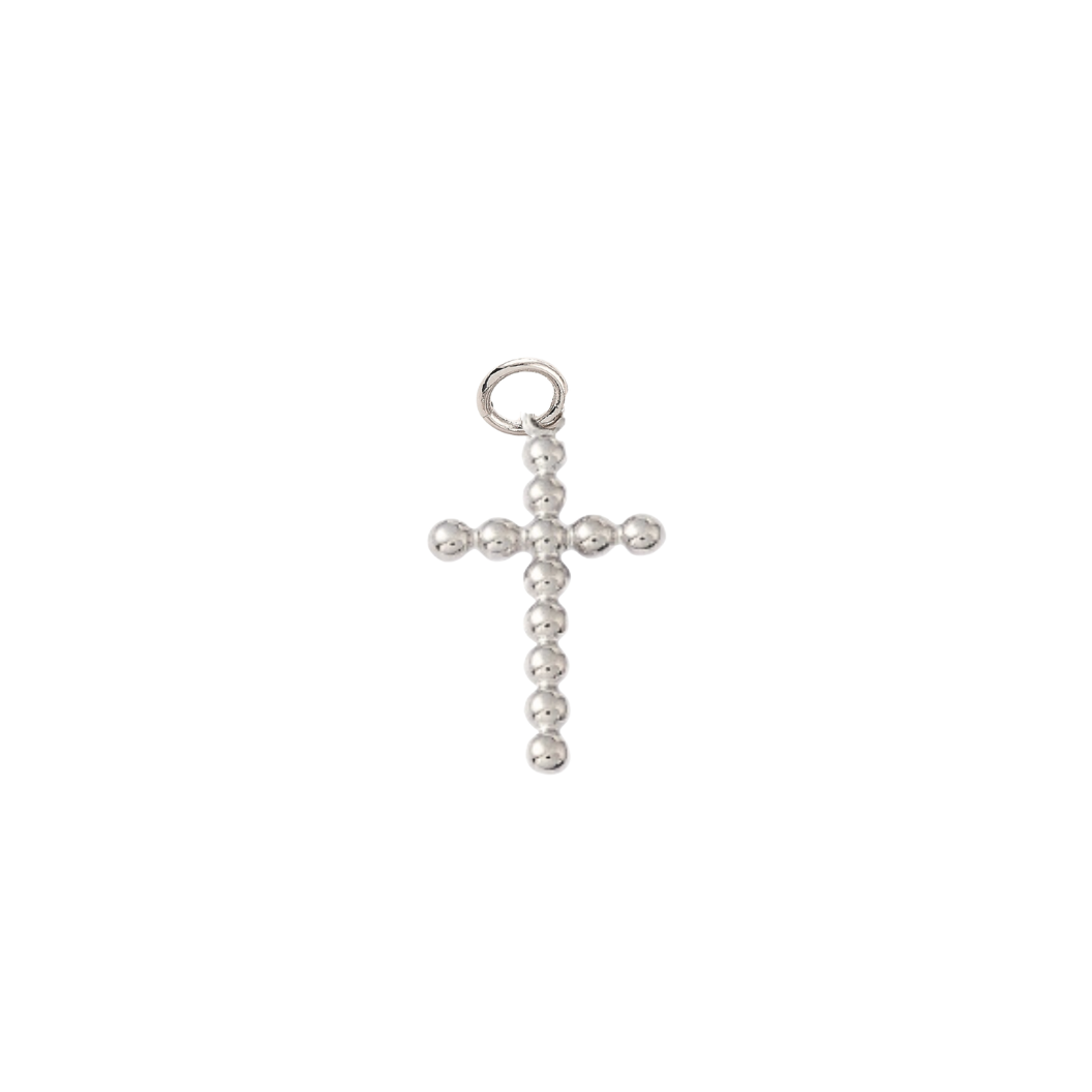 Silver cross pendant with beads on a white background