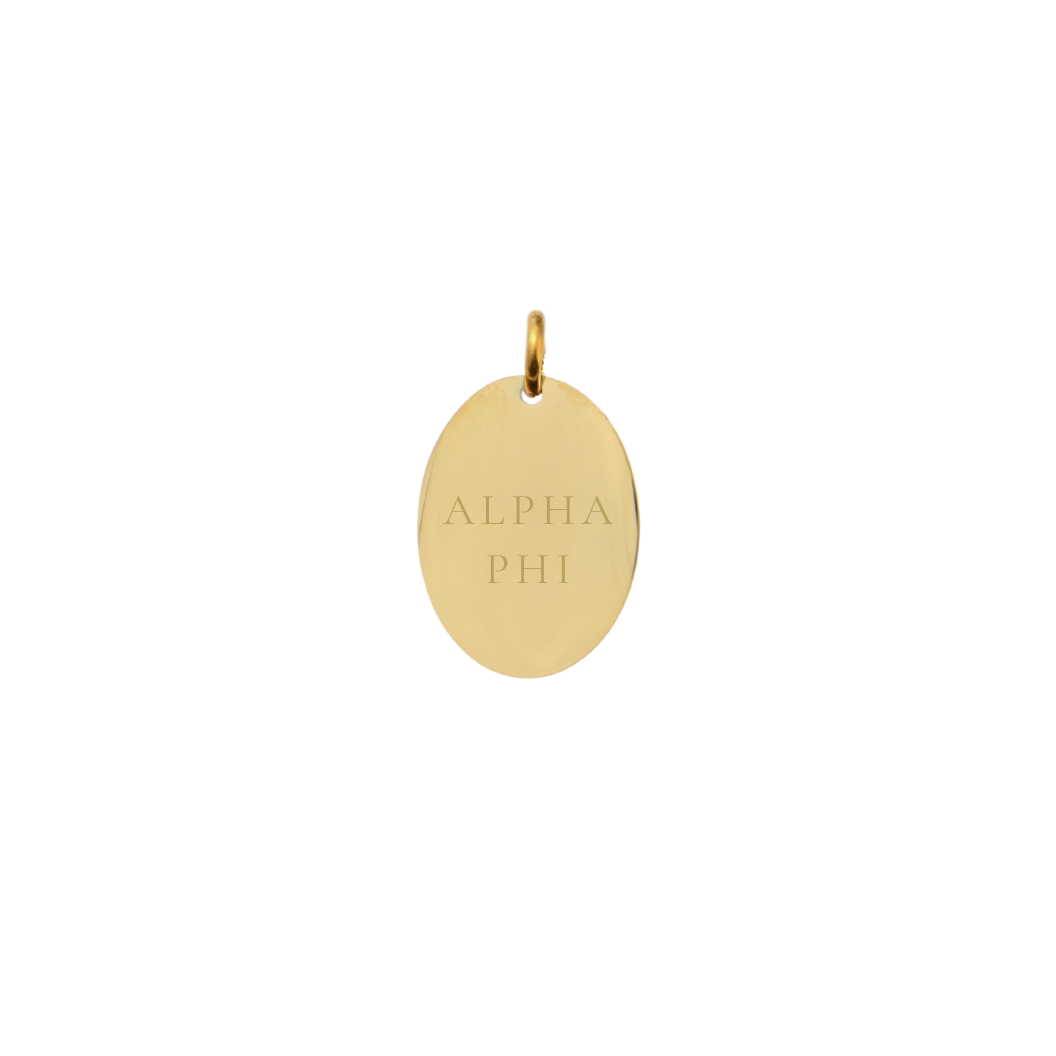 Alpha Phi Small Gold Oval Sorority Charm - Full Sorority Name | Waterproof, Hypoallergenic & Tarnish Resistant