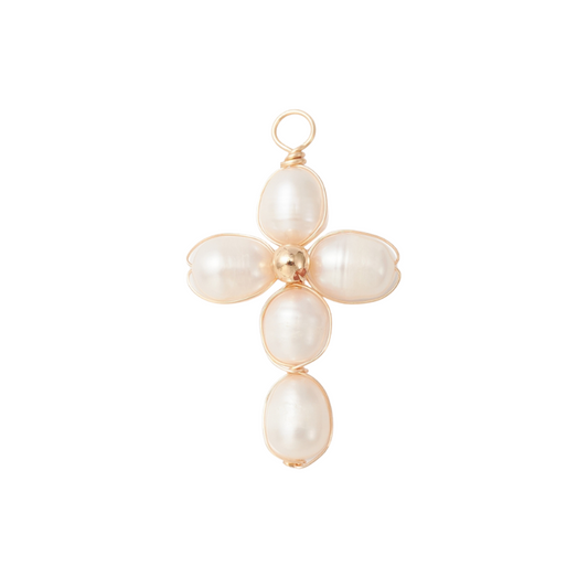 Front view of the Gold Pearl Pendant Cross Charm