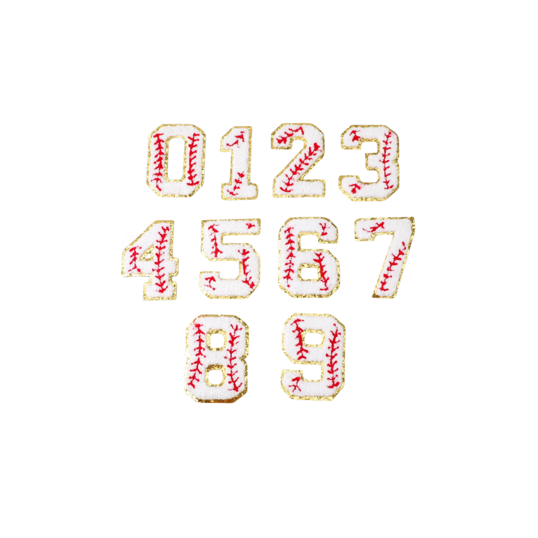 Front view of the Baseball Number with Gold Glitter Patch | Number