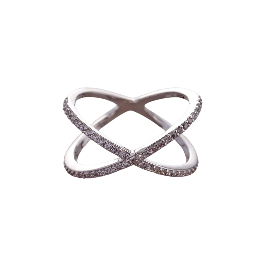 Transparent Silver Criss Cross with Cubic Zirconia Ring
