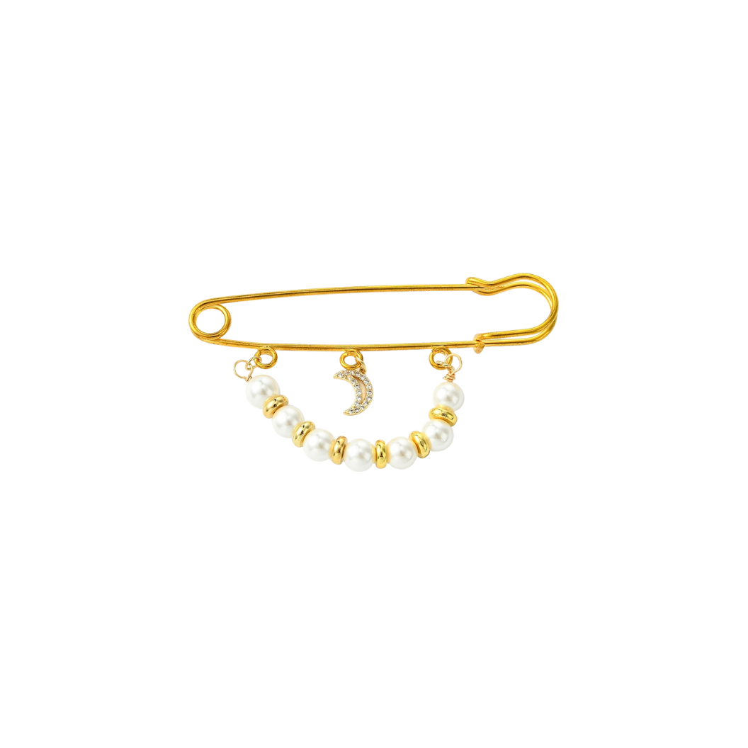 Transparent Gold Moon & Pearl Safety Pin Brooch | Shoe, Purse & Hat Charm