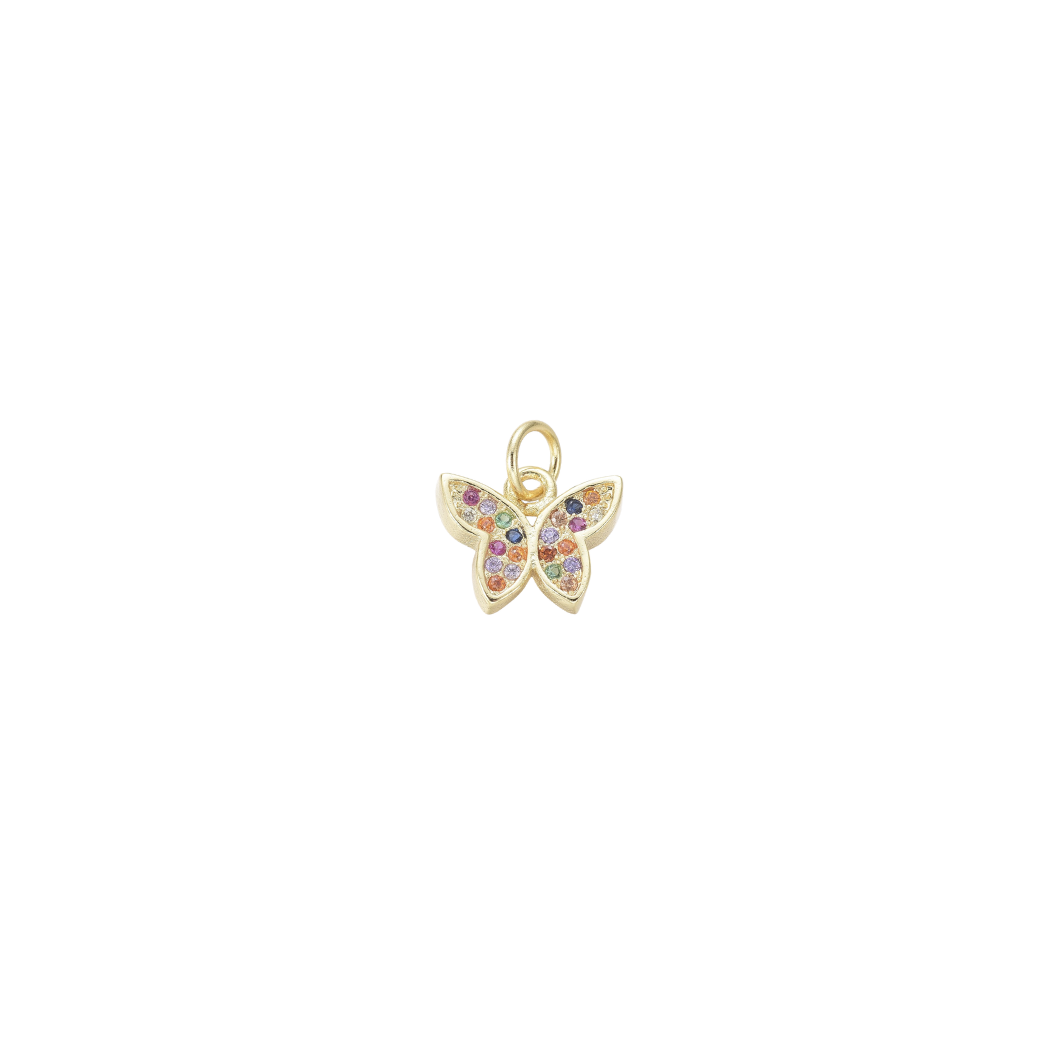Gold butterfly pendant with colorful gemstones on a white background
