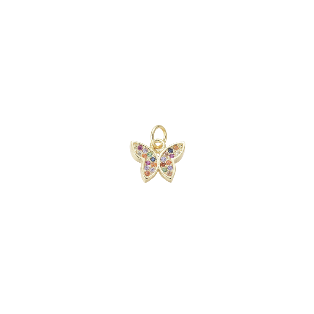 Gold butterfly pendant with colorful gemstones on a white background
