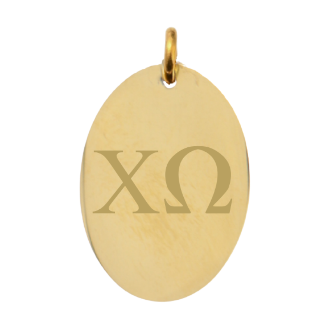 Chi Omega Large Gold Oval Sorority Charm - Horizontal Greek Letters