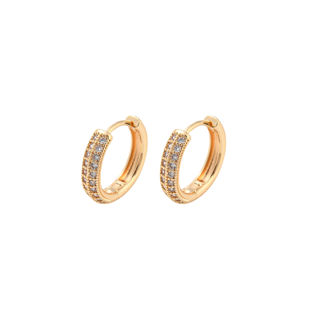 Gold hoop earrings with embedded stones on a white background