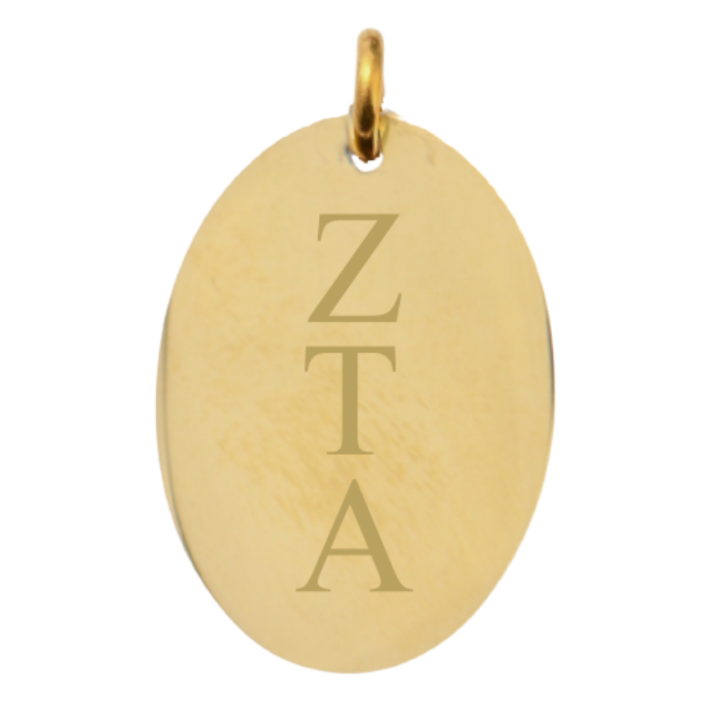 Zeta Tau Alpha Large Oval Gold Charm - Vertical Stacked Greek Letters | Waterproof, Hypoallergenic & Tarnish Resistant