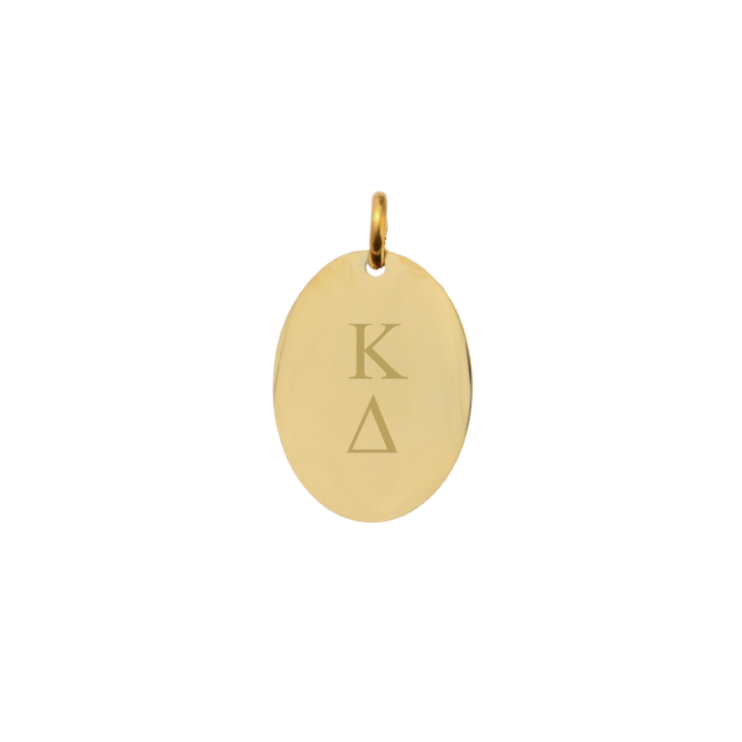 Kappa Delta Small Gold Oval Charm - Vertical Stacked Greek Letters | Waterproof, Hypoallergenic & Tarnish Resistant