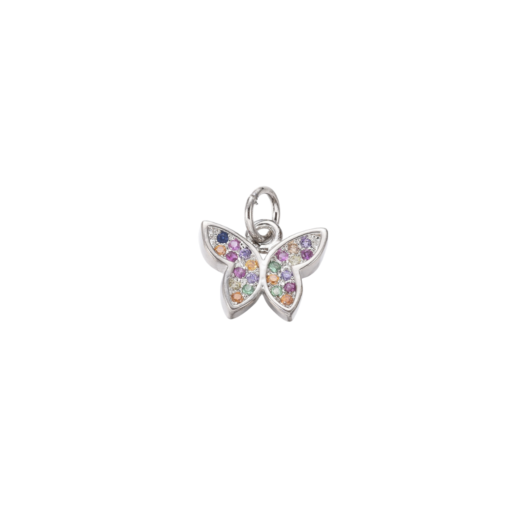 Butterfly-shaped pendant with colorful stones on a white background