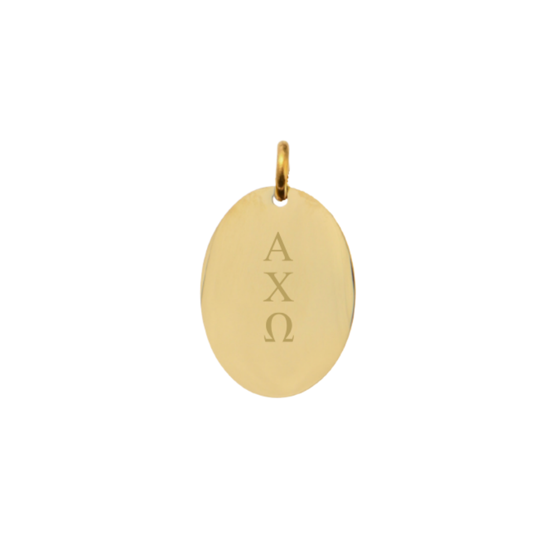 Alpha Chi Omega Small Gold Oval Charm - Vertical Stacked Greek Letters | Waterproof, Hypoallergenic & Tarnish Resistant