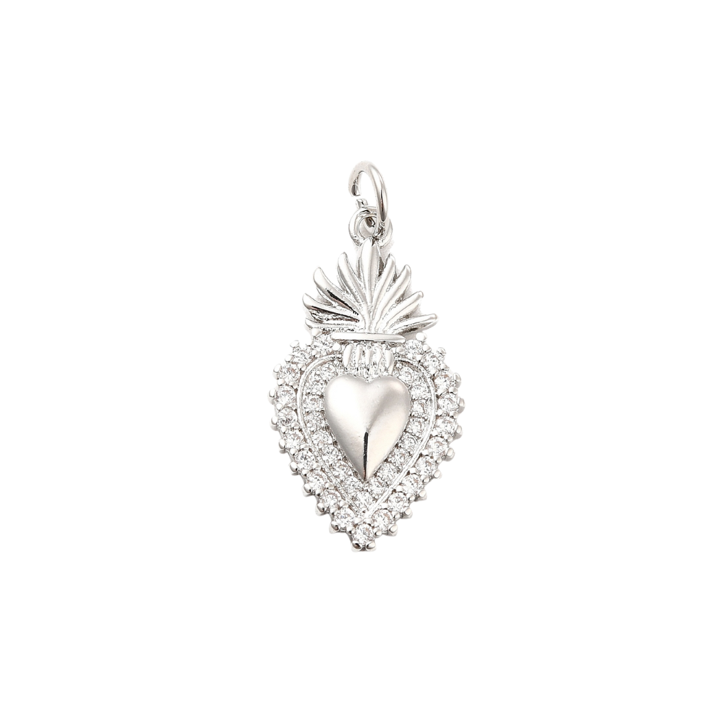 Silver Cubic Zirconia Flaming Holy Heart Charm