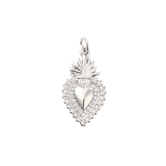 Front view of the Silver Cubic Zirconia Flaming Holy Heart Charm