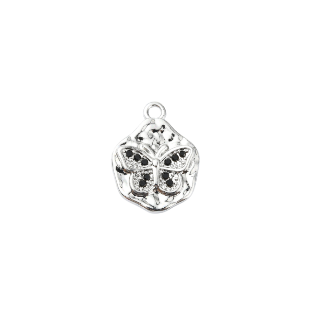 Silver Hammered Black Rhinestone Butterfly Charm