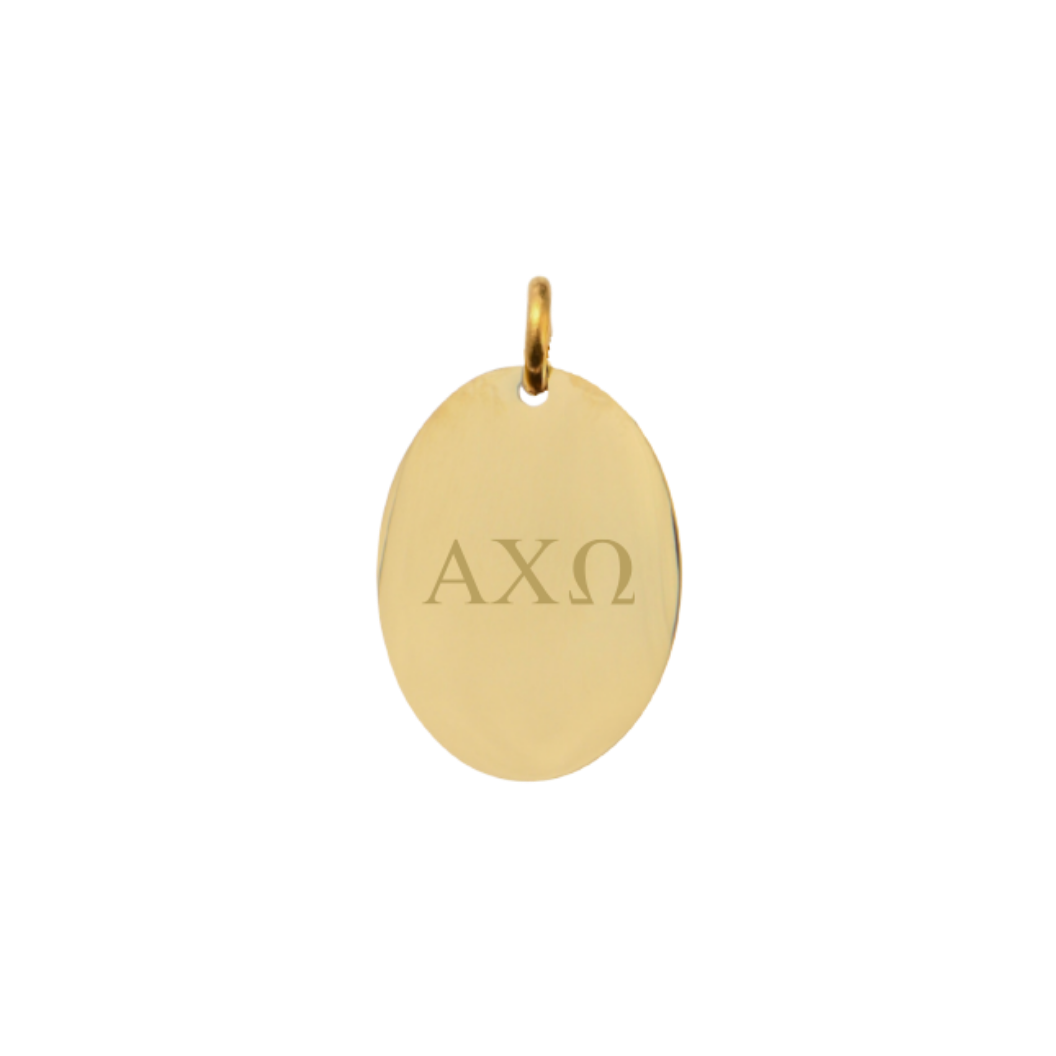 Alpha Chi Omega Small Gold Oval Charm - Horizontal Greek Letters | Waterproof, Hypoallergenic & Tarnish Resistant