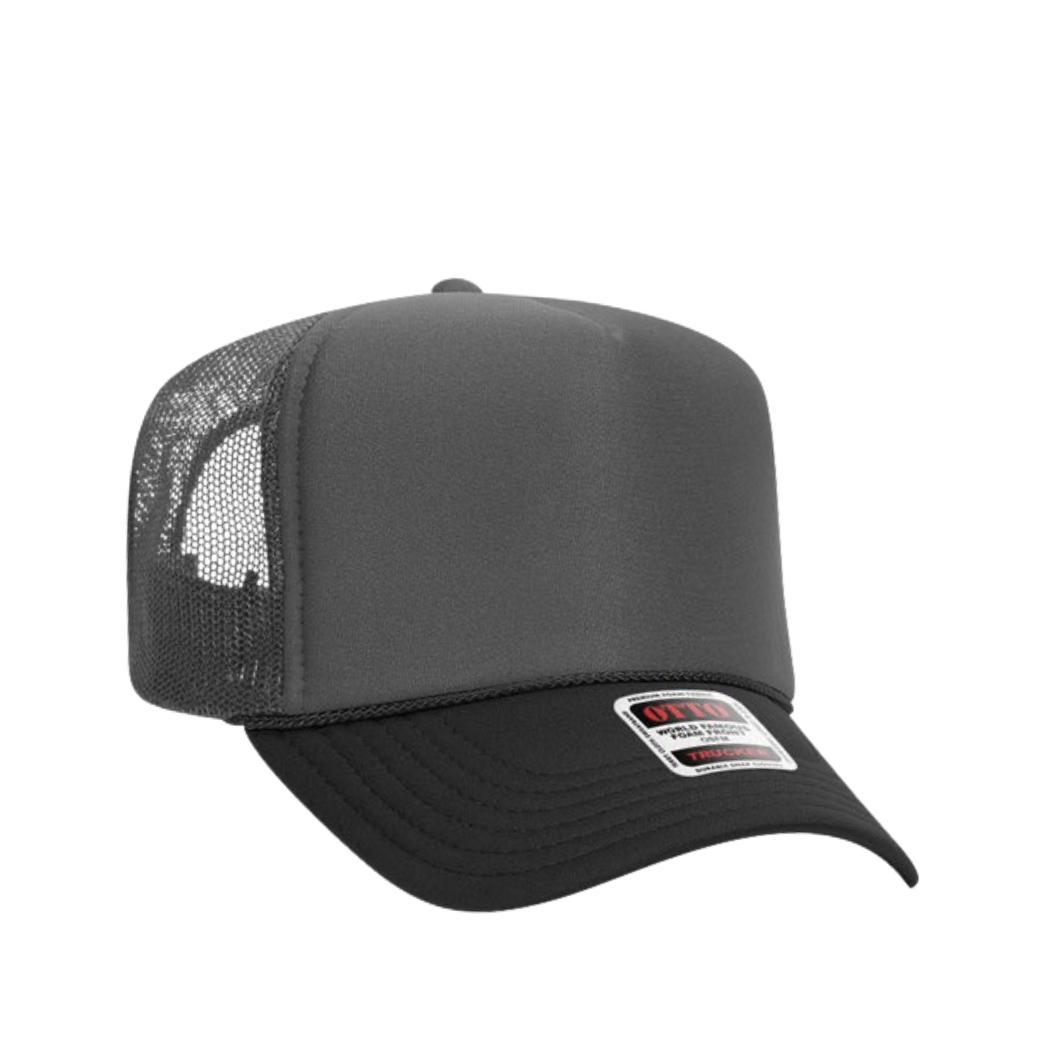 Front view of the Charcoal Gray and Black Trucker Hat
