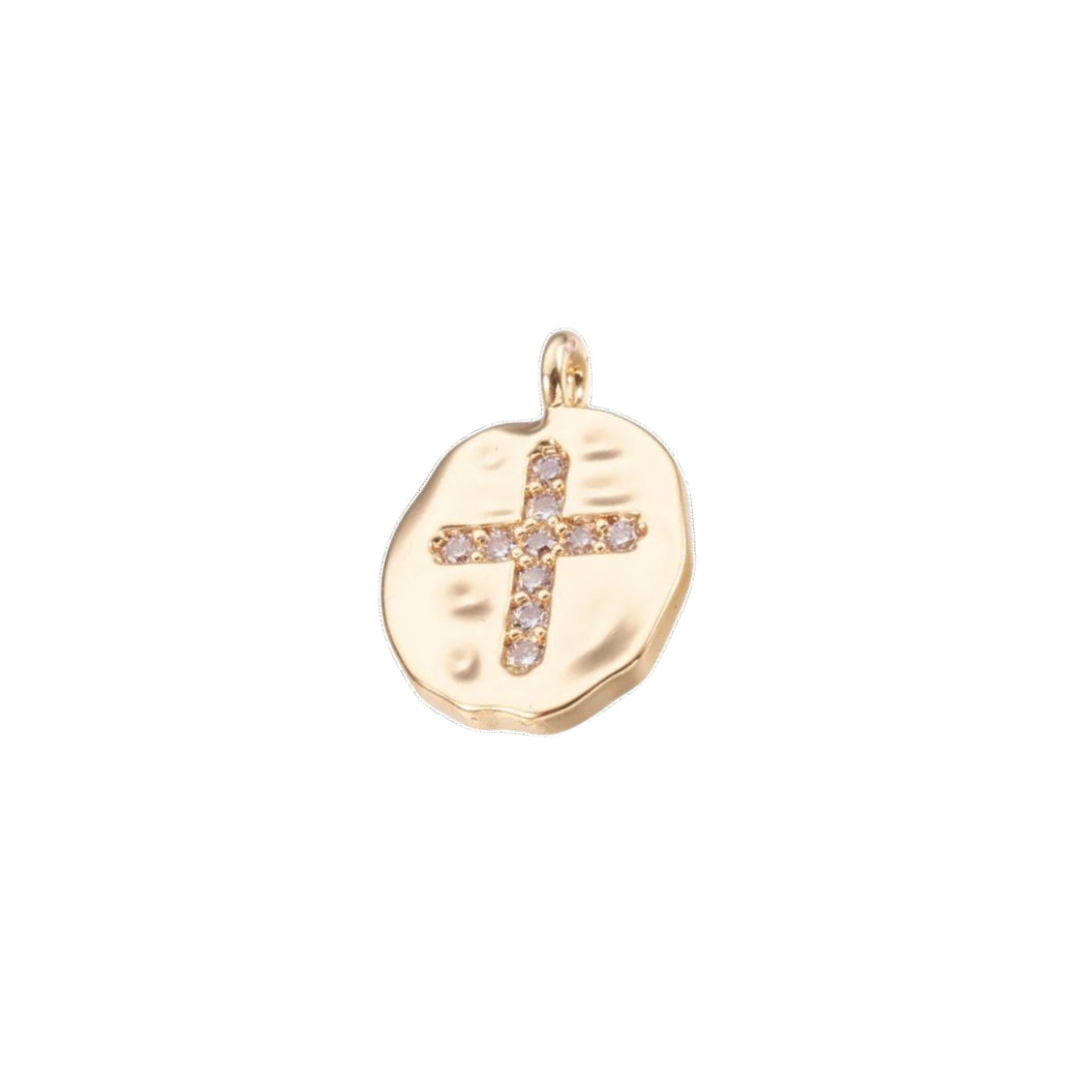Gold Hammered Disc Embellished Cross Charm